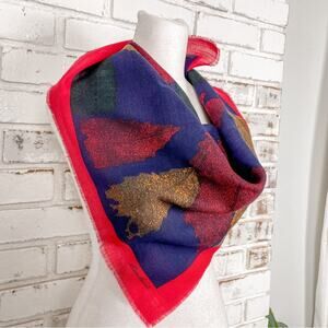 Vintage 80s Eddie Bauer Wool Red Blue Yellow Green Fall Leaf Italy Scarf